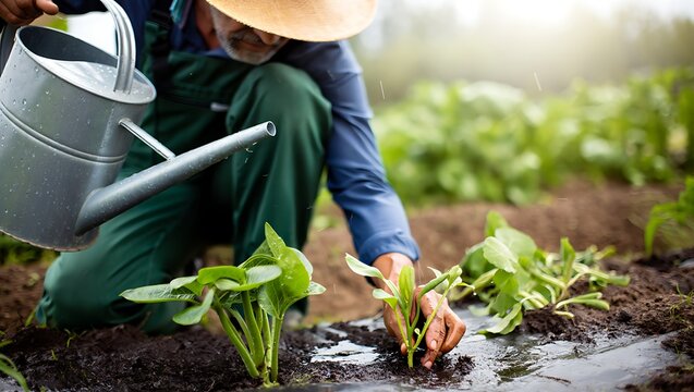 Gardener Planting Seedlings in Garden with Watering Can and Hat - Powered by Adobe