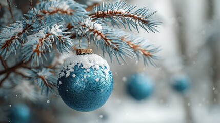 frosted blue christmas ornament on a snowy pine branch winter holiday decoration for festive greeting card new year celebration background
