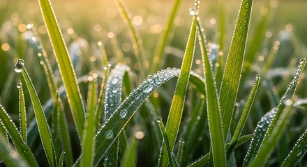 Close-up of Dew Drops on Green Grass Blades in Morning Sunlight.