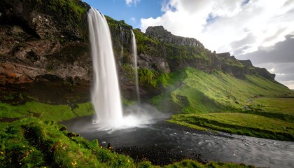 Serene landscape featuring a cascading waterfall amidst green hills and rocks under a cloudy blue sky