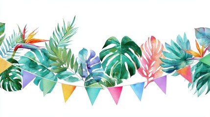 colorful triangular pennants hang from strings amidst a collection of vibrant tropical leaves  a cheerful summery design on a white background