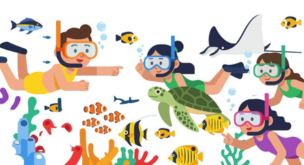 Fototapeta premium Underwater Joyful Scene Depicts Scuba Divers Exploring Marine Life in Tropical Waters