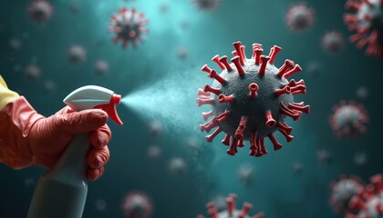 Hand in glove sprays disinfectant to virus. Concept for healthcare hygiene to stop spread microbes. Prevention key for protection against infections. Protection from bacteria, germs spray for safe