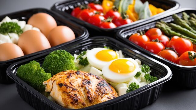 Colorful meal prep containers display a nutritious combination of grilled chicken, eggs, and various fresh vegetables, highlighting an organized and healthy eating plan.