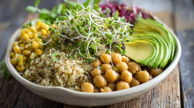 A vibrant salad bowl is filled with quinoa, chickpeas, sliced avocado, corn, and fresh sprouts. This healthy dish is perfect for a light meal or snack any time of day.