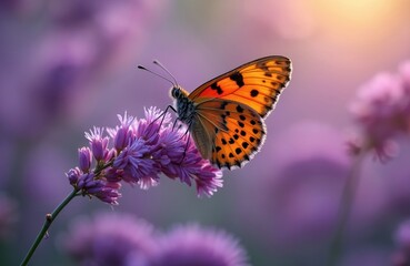 Fototapeta premium Butterfly sits on violet flower in nature. Orange wing beauty with black spots closeup. Insect in garden, field with purple flowers. Plant with vibrant colours in sunlight. Summer scenic shot.