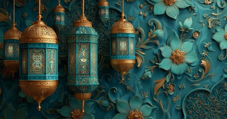 Intricate Turquoise and Gold Lanterns Against a Floral Decorative Wall