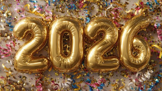 golden 2026 balloons at a festive party with confetti streamers and decorations