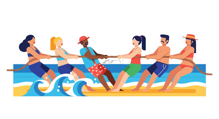 Vibrant Beachside Tug-Of-War: Energetic People Competing in a Summer Competition