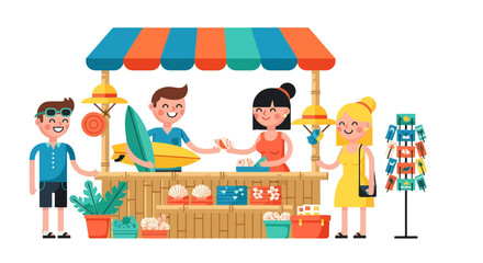 Vibrant Beachside Market Scene With People Purchasing Souvenirs and Surfing Equipment