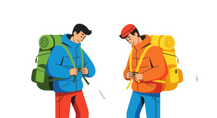 Two Travelers Preparing Backpacks For A Journey Against A Black Background Illustration
