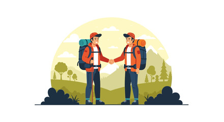 Two Travelers Shaking Hands at the Foot of a Mountain in a Sunlit Landscape