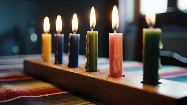 Seven Colorful Candles Lit in a Wooden Candelabra on a Colorful Striped Tablecloth Illuminating a Cozy Room with Soft Warm Lighting, perfect for adobe stock