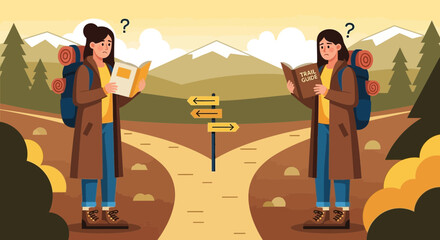 Uncertain Hiker Seeking Guidance at Trail Junction, Pondering Direction and Path