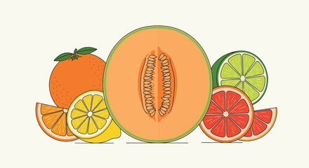 Vibrant Citrus Fruits Illustrated in Vector Style on a Single Plain Background