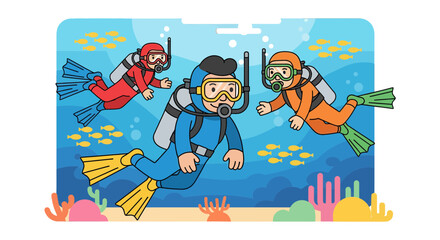 Underwater Adventure With Scuba Divers Exploring The Aquatic World, Cartoon Illustration