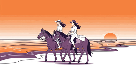 Two Women Ride Horses Along the Shore at Sunset with a Warm And Orange Toned Sky