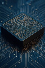 A detailed view of a microchip featuring intricate circuit patterns.