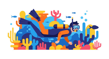 Vibrant Diver Exploring Colourful Coral Reef in Bold, Geometric, and Abstract Illustration