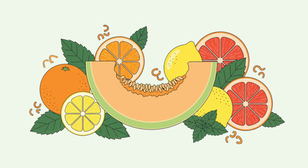 Vibrant Composition Of Fresh Fruits Featuring Citrus Slices, Elegant Designs, And Greenery
