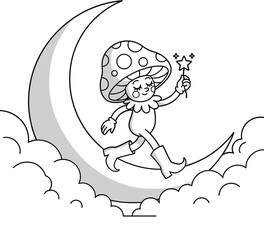 Whimsical mushroom character with a star wand walking on a crescent moon surrounded by clouds, creating a magical and enchanting scene