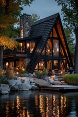 Charming Lakeside Cabin With Modern Design and Cozy Atmosphere at Twilight