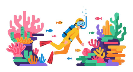 Vibrant Diver Exploring Colourful Reefs And Marine Life Amongst Tropical Oceans