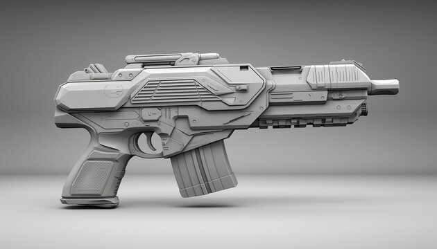 Futuristic sci fi weapon concept art, detailed 3d render of an advanced combat firearm, perfect for gaming or film projects