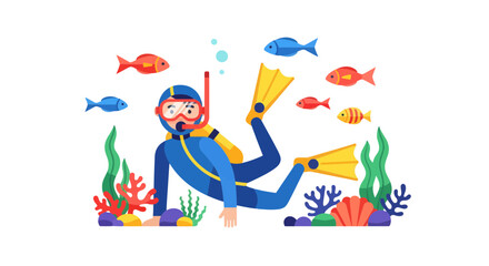 Underwater Diver With Swim Fins And Tropical Fishes Swimming In The Deep Blue Ocean