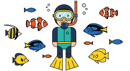 Underwater Diver With Fish Swimming Around Depicting Marine Life Illustration