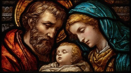 holy family stained glass window depicting nativity scene © Johannes