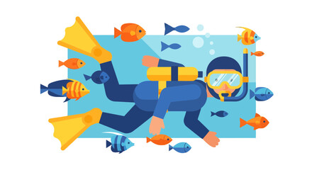 Underwater Diver With Aquatic Fauna Illustration, Exploring Ocean Life, And Fins On