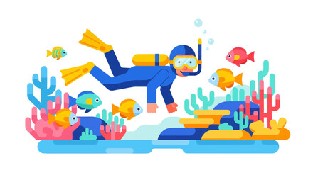 Underwater Exploration: A Colorful Illustration Of A Diver And Vibrant Marine Life