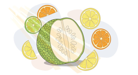 Vibrant Fruit Illustration Showcasing Fresh Produce with Citrus Fruits and Exotic Jackfruit