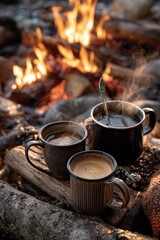 Enjoying Warm Drinks by the Campfire During a Cozy Evening in Nature