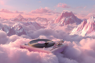 Dreamy landscape with turntable amidst cloudy mountain peaks