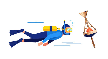 Underwater Exploration: A Scuba Diver Navigating By A Floating Marker Vector Illustration