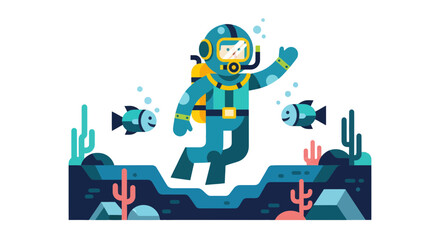 Underwater Exploration: A Stylish Diver Enjoying The Ocean Depths And Friendly Fish