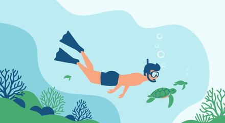 Underwater Exploration: A Snorkeler's Delight Amidst Playful Marine Turtles and Coral Reef