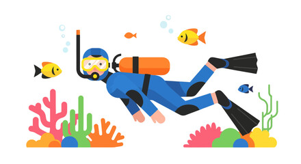 Underwater Exploration: A Stylish Diver And Vibrant Sealife Against Black Background.
