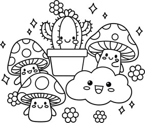 Illustration of a group of cute mushrooms, cactus, and cloud, perfect for coloring books and childrens designs