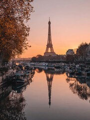 Naklejka premium seine in paris with eiffel tower in sunrise time no logos no brands ar 34