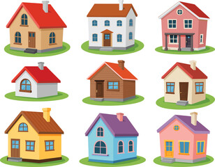 Cartoon houses, colorful homes, architecture, roof styles, windows, doors, grass, residential, vector, illustration, design, urban, suburban, cute, building, property, exterior, facade, neighborhood