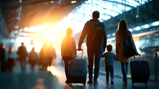 Backlit family silhouettes with wheeled luggage and travel bags walking through grand railway station with high glass ceiling crowds of travelers defocused throughout terminal