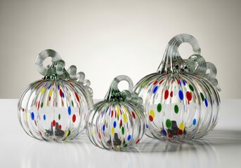 Three colorful blown glass pumpkins with clear stems and handles on a white background
