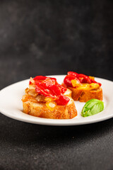 Bruschetta roasted pepper vegetable dish natural product tasty snack fresh delicious gourmet food background on the table rustic top view copy space vegan and vegan food