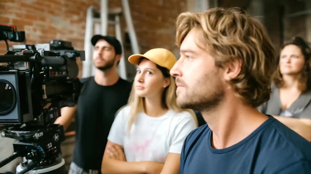 Director filming indie movie behind the scenes, camera and team working, collaboration and vision, artistic creation, film production workflow, teamwork and creativity, cinematic s