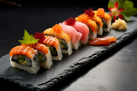 beautifully arranged platter of assorted sushi rolls displayed on a dark slate plate. Each roll is topped with fresh salmon, tuna, and vibrant fish roe, paired with avocado and seaweed - Powered by Adobe