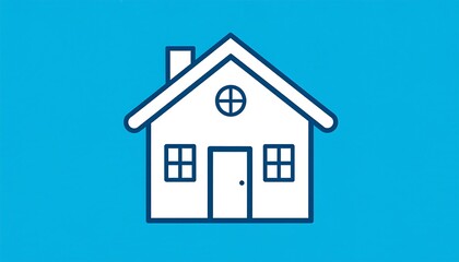 Fototapeta premium Simple white outline of a house with a chimney, windows, and a door on a solid blue background