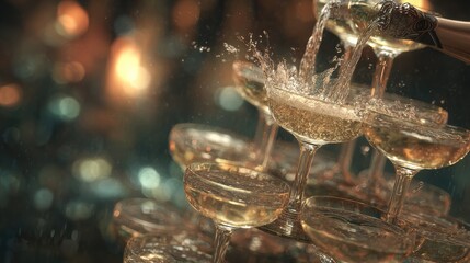 flowing champagne tower celebration at a stylish and luxurious nighttime event  celebration party wedding event holiday theme